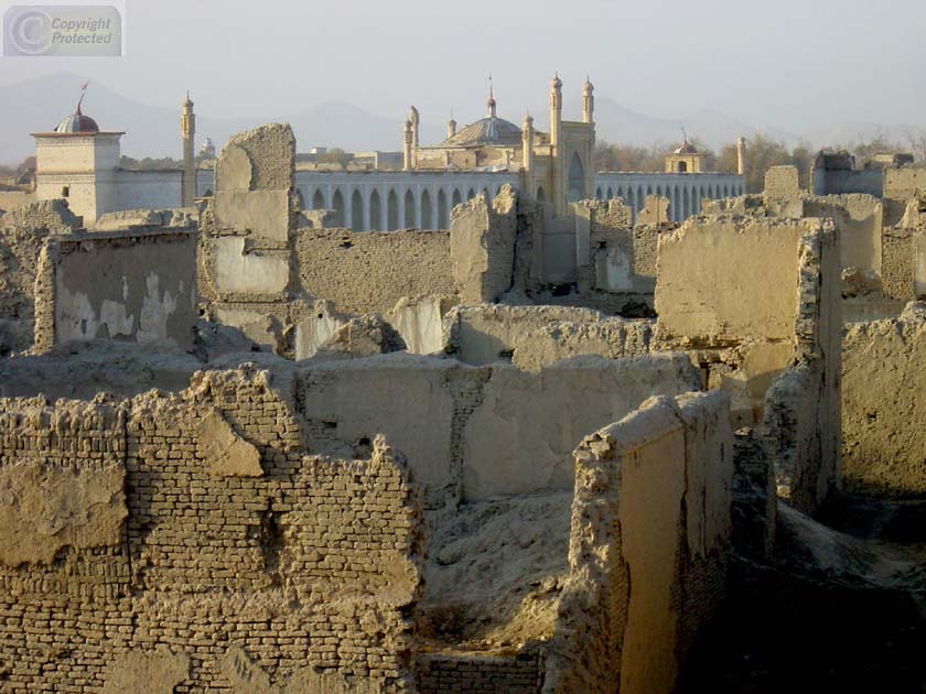 Destruction with Mosque in Background